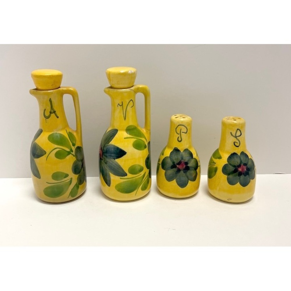 Vintage Hand Painted Ceramic Oil Vinegar Salt Pepper Shakers Condiment Set 4pc